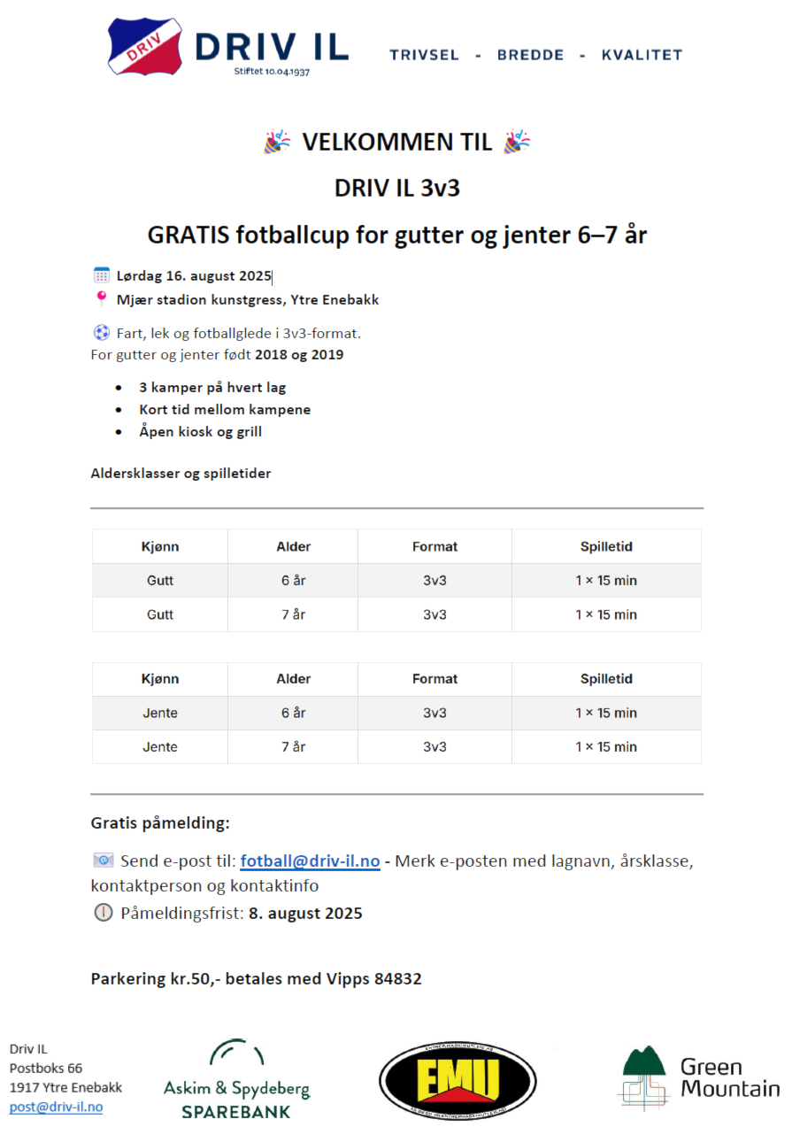 Driv IL 3v3 - GRATIS fotballcup for gutter og jenter 6–7 år lørdag 16. august 2025